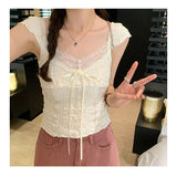 YESMYTOOL  -  Y2k Vintage Lace Tshirts Women V Neck Summer Short Sleeve Crop Top Gyaru Korean Fashion Coquette Aesthetic Slim Tees