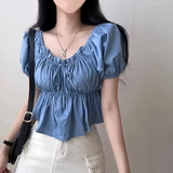 YESMYTOOL  -  Summer Women Vintage Sweet Blue Ruffle Edge Pleated Lace-up Denim Tops Streetwear Korean Fashion Short Sleeve Jean T-shirt Trend