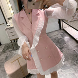 YESMYTOOL  -  Spring Autumn New Elegant Sexy Lotus Leaf Edge Stitching Pearl Buckle Slim Lapel Suit Dress Women Sweet Long Sleeve Blazer Dress