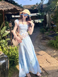 YESMYTOOL  -  2024 Summer Fairy Puff Sleeve Slash Neck Blue Dress Women Elegant 3D Flower Decoration Chiffon High Waist Slim Princess Dresses