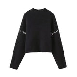 YESMYTOOL  -  Contrast Patchwork Topstitch Sweater Female Pullovers 2024 Autumn Round Collar Warm Knitted Top Chic Long Sleeve Loose