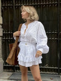 YESMYTOOL  -  Solid White Cotton Lace Shorts Set Women Spring Summer Outfits Beach Holiday Lace Vintage 2pcs Shirt+shorts Set 2024