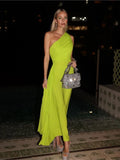 YESMYTOOL  -   One Shoulder Green Pleated Maxi Dress Summer Women Sleeveless Cinched Waist Solid Color Elegant Party Evening Dresses