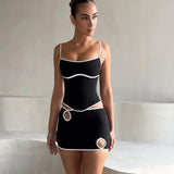 YESMYTOOL  -  Spliced Suspender Skirt Set Fashion Sexy Hollow Out Backless Asymmetrical Tank Top High Waist Wrapped Hip Skirt Suit