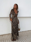 YESMYTOOL  -  Elegant Stripe Print Flare Sleeves Maxi Dress For Women Sexy Hollow Out Lace-up Long Robes 2024 Autumn New Lady Street Vestidos