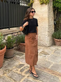 YESMYTOOL  -  Women Elegant Suede Leather Midi Skirt Fashion High Waist Loose A-line Long Skirts 2024 Female High Street Commuting Casual Wear