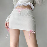 YESMYTOOL  -  Y2K Cute White Knitted Lace Trim Skinny Mini Skirt Women Sweet Retro Tie Up Summer Skirt Super Short Bow Coquette New