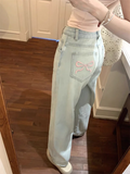 YESMYTOOL  -  Women's Pink Bow Embroidered Light Blue Jeans Young Girl Street Straight Bottoms Vintage Casual Trousers Female Wide Leg Pants