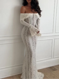 YESMYTOOL  -  White Lace Up Hollow Out Long Dress For Women Elegant Slash Neck Long Flare Sleeve Slim Vestidos Autumn New Street Evening Robes