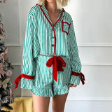 YESMYTOOL  -  Women Christmas 2 Piece Pajama Set Bowknot Striped Print Long Sleeve Button Down Shirt Tops Elastic Shorts Holiday Sleepwear