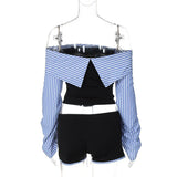 YESMYTOOL  -  Striped Spliced Bandage Shorts Set Strapless Personalized Irregular Folds Long Sleeve Backless Top High Waist Suit