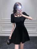 YESMYTOOL  -  2024 Summer Women Black Elegant Backless Pleated Mini Dress Short Sleeve Square-neck Basic Slim Party A-line Dress Vestidos Chic