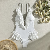 YESMYTOOL  -  Summer New White Body Suit One Piece Swimsuit Bikini For Women Sexy Deep V-Neck Backless Lace Patchwork Bodycon Outfits