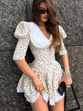 YESMYTOOL  -  Girls Sweet Peter Pan Collar Short Corset Dress Streetwear Y2K Summer Floral Print Puff Sleeve Bandage Tunics A-line Dresses