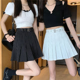 YESMYTOOL  -   Striped Pleated Skirt Women 2024 Summer Vintage Preppy Belt High Waist A-line Mini Skirt for Girls Korean Style Casual