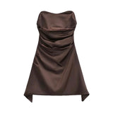 YESMYTOOL  - Women's Dress Brown Folded Sleeveless Sexy America Fashion Temperament Minimalist Female 2024 NEW Summer Solid Miniskirt