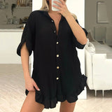 YESMYTOOL  -  Summer Casual Short Sleeve Suit Female Lapel Single Breasted Shirts+Ruffles Short Outfit Elegant Solid Color Loose Homewear Suit