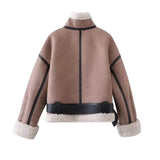 YESMYTOOL  -   Women Warm Faux Shearling Jacket Coat Lapel Bomber Jacket with Belt Metal Zip Thick Jacket Winter Female Outerwear