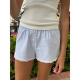 YESMYTOOL  -  Y2k Lace Bowknot Blue Shorts Stripes Patchwork Buttons Decor Short Pants Casual Elastic Waist Shorts Loose Sleep Short For Women