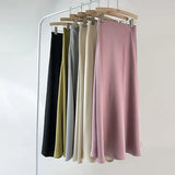 YESMYTOOL  -  Fashion Acetic Acid Satin Fishtail Long Skirts Summer New Solid Color Silk Skirts for Women Straight Waist Long Skirts Elegant