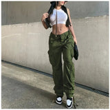 YESMYTOOL  -  Women's Straight Cargo Pants Y2k Punk 2024 Autumn Fashion Soild High Waist Loose Fit Wide Leg Trousers Vintage Jeans Streetwear