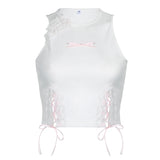 YESMYTOOL  -  Cutecore Coquette Bow Summer Tank Top Skinny Korean Vest Short Lace Spliced Crop Tops Lolita Tie Up Kawaii Tee Ruched