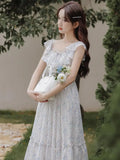 YESMYTOOL  -  Vintage Blue Floral Romantic Vacation Ruffles Lace-up Long Dress Women Korean High Waist Backless Pleated Fairy Dress Summer New