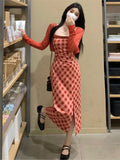 YESMYTOOL  -  Women Red Knitted Cardigan+Plaid Chic Sling Long Dress Two Piece Sets 2024 Spring Summer Korean Elegant Casual Two Piece Suits