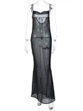 YESMYTOOL  -   Summer Dot See Through Long Dress Women Lace Up Backless Sexy Long Dresses Elegant Femme Sheer Mesh Beach Party Sundress