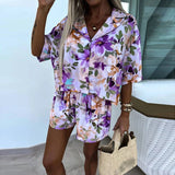 YESMYTOOL  -  Elegant Pattern Print Shirt Outfits Fashion Lapel Button Tops and Shorts Pant Suit Women Casual Short Sleeve Party Loose 2Pc Set