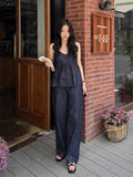 YESMYTOOL  -Korean Women's Denim Two-piece Set: Retro V-neck Cami and High Waist Wide Leg Trousers YK2 Casual Pants for Stylish Look Suit