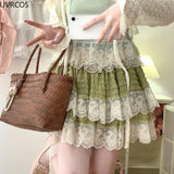 YESMYTOOL  -  Sweet Lolita Lace Cake Skirt Women Pink Vintage Elegant A-line Mini Skirts Female Korean Fashion Preppy Style Pleated Skirt 2024