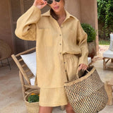 YESMYTOOL  -  Casual Cotton Linen Sets Commuter Single Breasted Loose Long Sleeve Shirt Shorts Suit Summer Vacation 2 Piece Set Women's Outfit