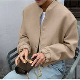 YESMYTOOL  -  Casual Short Bomber Coats Women Loose O-neck Long Sleeve Single Breasted Jacket 2024 Autumn New Lady Vintage Solid Tops Outwear