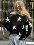 YESMYTOOL  -  Street Stars Printed irregular Wide Collar Sweater Hot Girl Loose Thin Ripped Knit Sexy See Through Pullovers Long Sleeve