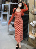 YESMYTOOL  -  Women Red Knitted Cardigan+Plaid Chic Sling Long Dress Two Piece Sets 2024 Spring Summer Korean Elegant Casual Two Piece Suits