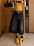 YESMYTOOL  -   Black Calf-Length Shorts Jeans Women Streetwear Vintage Oversize Wide Leg Denim Pants Y2k Causal Do Old Summer Bottoms