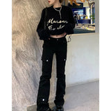 YESMYTOOL  -  Black Womens Straight Cargo Pants High Waist American Streetwear Vintage Pants Chic Design Hip-hop Ladies Denim Wide Leg Trouser