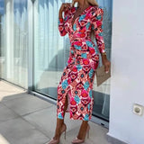 YESMYTOOL  -  Women Sexy Floral Print Bohemian Long Dress Spring Deep V-neck Slim Bodycon Party Dress Autumn Puff Sleeve Front Slit Maxi Dress