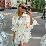 YESMYTOOL  -   2024 New Heart Printed Short Set Women Long Sleeve Pocket Ruffle Cardigan+Short Pants Sets Spring Summer Casual Chic 2 Piece Set