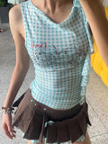 YESMYTOOL  -  Blue Plaid Tank Tops Female Sleeveless Tshirts Women Mesh Tops Summer 2024 Y2k See Through Tanks 2000s Japanese