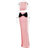 YESMYTOOL  -  Pink Spliced Skirt Set Round Neck Sleeveless Sexy Open Navel Asymmetrical Top Slim Fit Split Bow Wrap Hip Skirt Suit