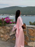 YESMYTOOL  -  Elegant Pink Satin Half Flare Sleeved Long Dress Women Fashion O Neck Bodycon Maxi Dresses 2024 New Lady Vocation Party Robes