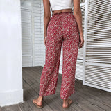 YESMYTOOL  -   Elegant Floral Print Pant for Summer Women's Pants 2024 New Elastic High Waist Red Cotton High Waist Split Wide Leg Pant