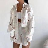 YESMYTOOL  -   2024 New Heart Printed Short Set Women Long Sleeve Pocket Ruffle Cardigan+Short Pants Sets Spring Summer Casual Chic 2 Piece Set