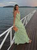 YESMYTOOL  -  Fashion Green Women Sling Maxi Dress Elegant V-neck Sleeveless Slim Dresses 2024 Summer Female Chic Beach Vacation Robes