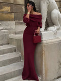 YESMYTOOL   -  Off Shoulder Long Sleeve Knitted Maxi Dress Women Solid Fashion Backless Bodycon Vestidos 2024 New Lady Party Streetwear