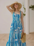 YESMYTOOL  -  Holiday Striped Beach Blue Long Maxi Dress for Women Summer 2024 Fresh and Sweet Spring Striped Printed Collar Lace-Up Dress