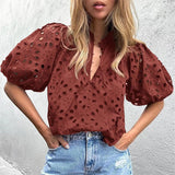 YESMYTOOL  -  Hollowed-out Embroidery Lace Jacquard Blouse Women 2024 Spring Stand Collar Button Shirt Summer Lantern Short Sleeve Office Tops