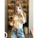 YESMYTOOL  -  Y2k Coquette Lace Tshirts Women V Neck Transparent Crop Mesh Top Korean Fashion Summer Sexy Vintage T Shirts Aesthetic